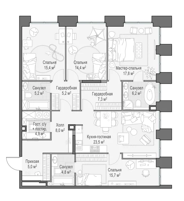 4-комнатная квартира, 135.4 м²