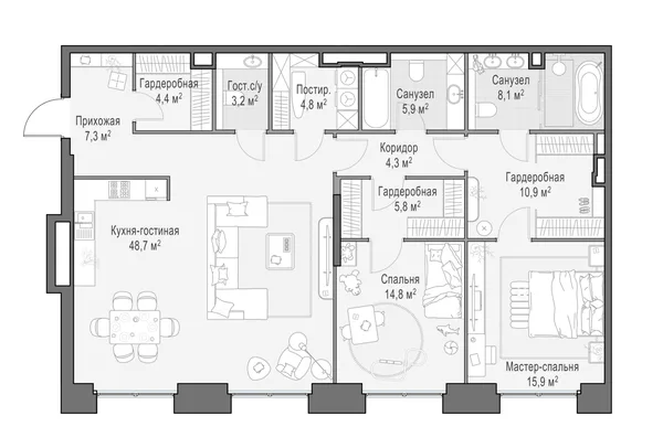 4-комнатная квартира, 134.7 м²