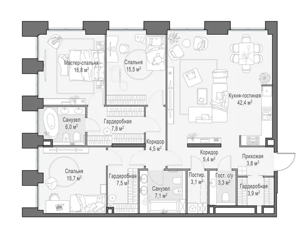 4-комнатная квартира, 143.8 м²