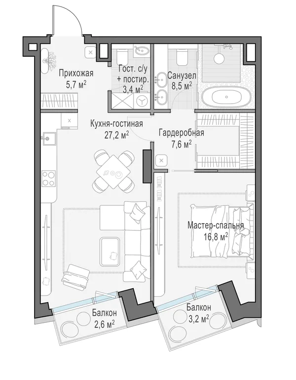 1-комнатная квартира, 71.1 м²