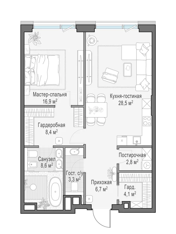 1-комнатная квартира, 79.4 м²