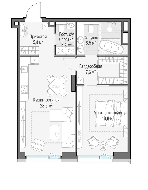 1-комнатная квартира, 72.4 м²