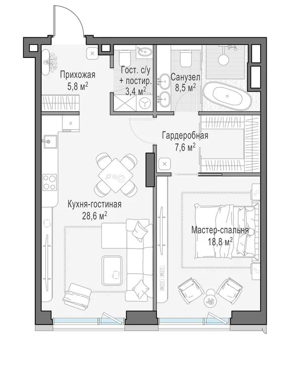 1-комнатная квартира, 72.4 м²