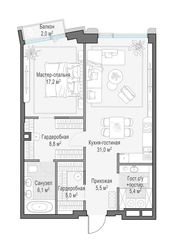 1-комнатная квартира, 79.7 м²