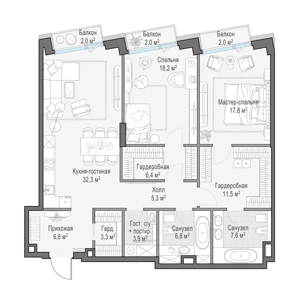 2-комнатная квартира, 121.9 м²