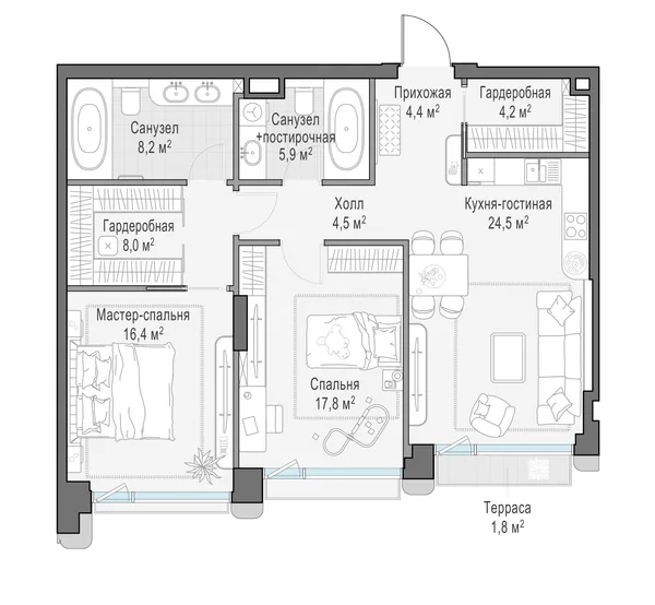 2-комнатная квартира, 94.5 м²