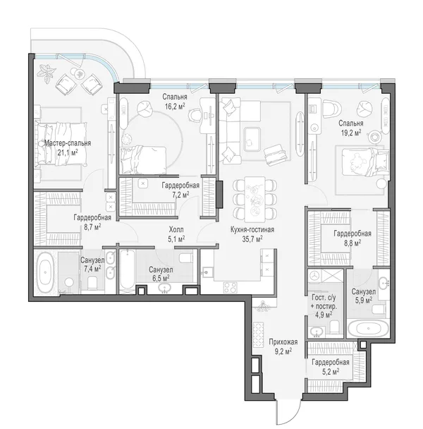3-комнатная квартира, 161.2 м²
