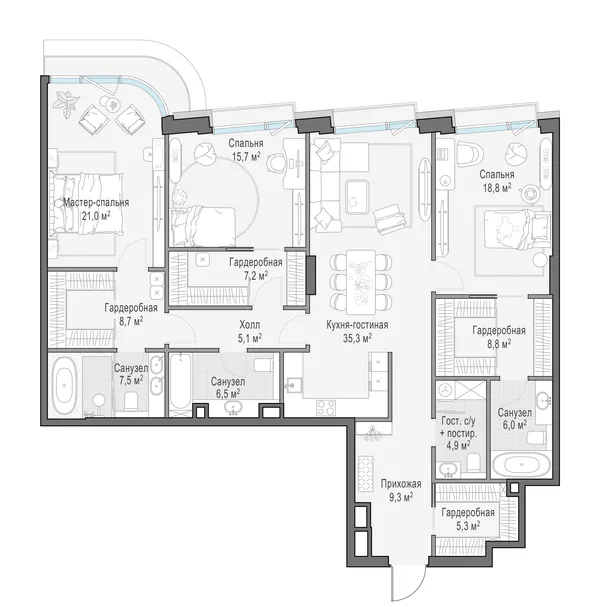 3-комнатная квартира, 160.2 м²