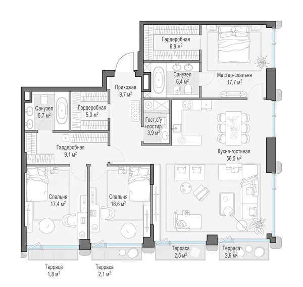3-комнатная квартира, 157.7 м²