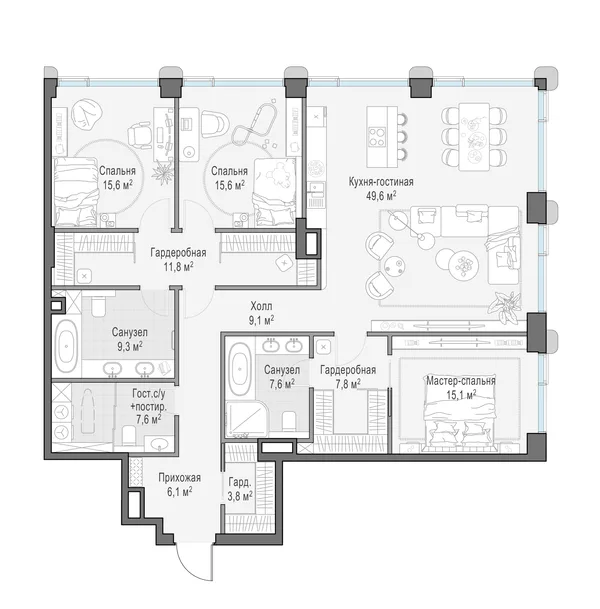 3-комнатная квартира, 158.6 м²
