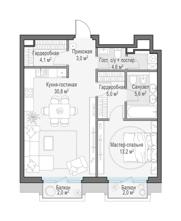 1-комнатная квартира, 68.6 м²