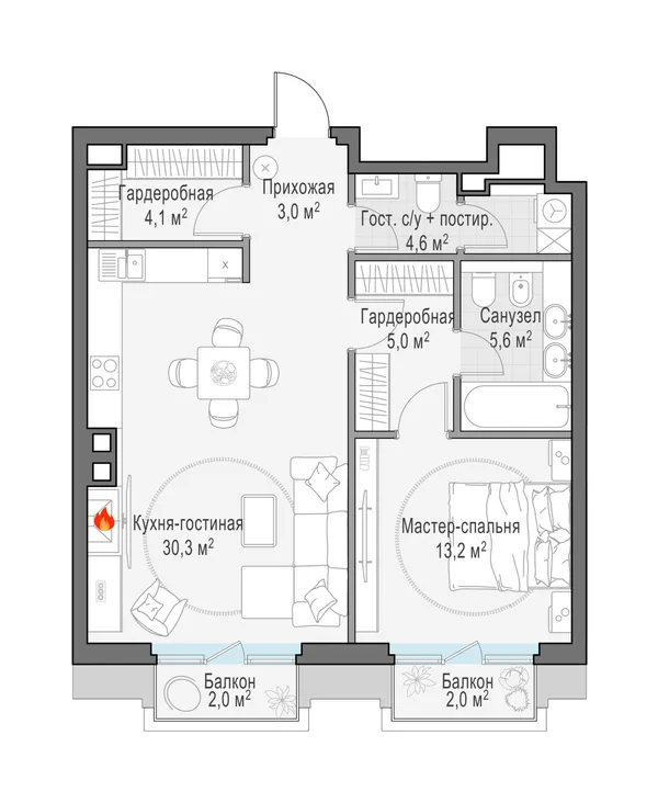 1-комнатная квартира, 68.2 м²