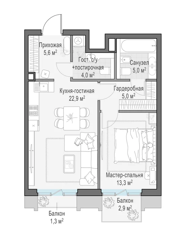 1-комнатная квартира, 57.9 м²