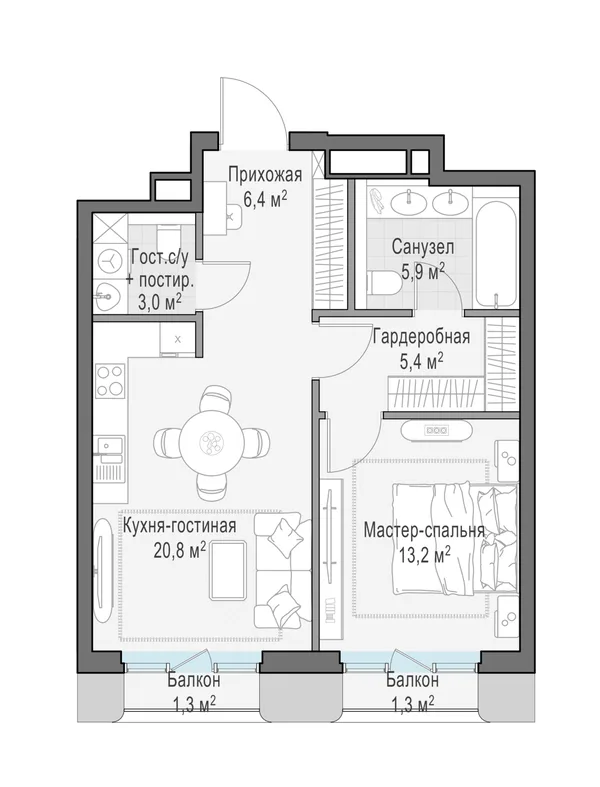 1-комнатная квартира, 55.6 м²