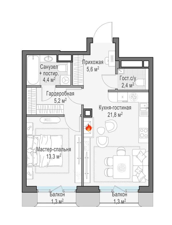 1-комнатная квартира, 53.7 м²