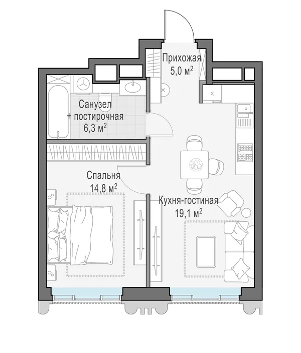 1-комнатная квартира, 44.9 м²