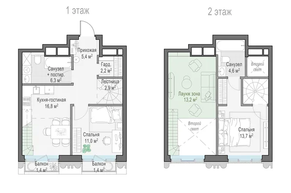 1-комнатная квартира, 46.2 м²