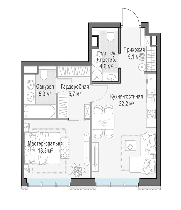 1-комнатная квартира, 56.2 м²