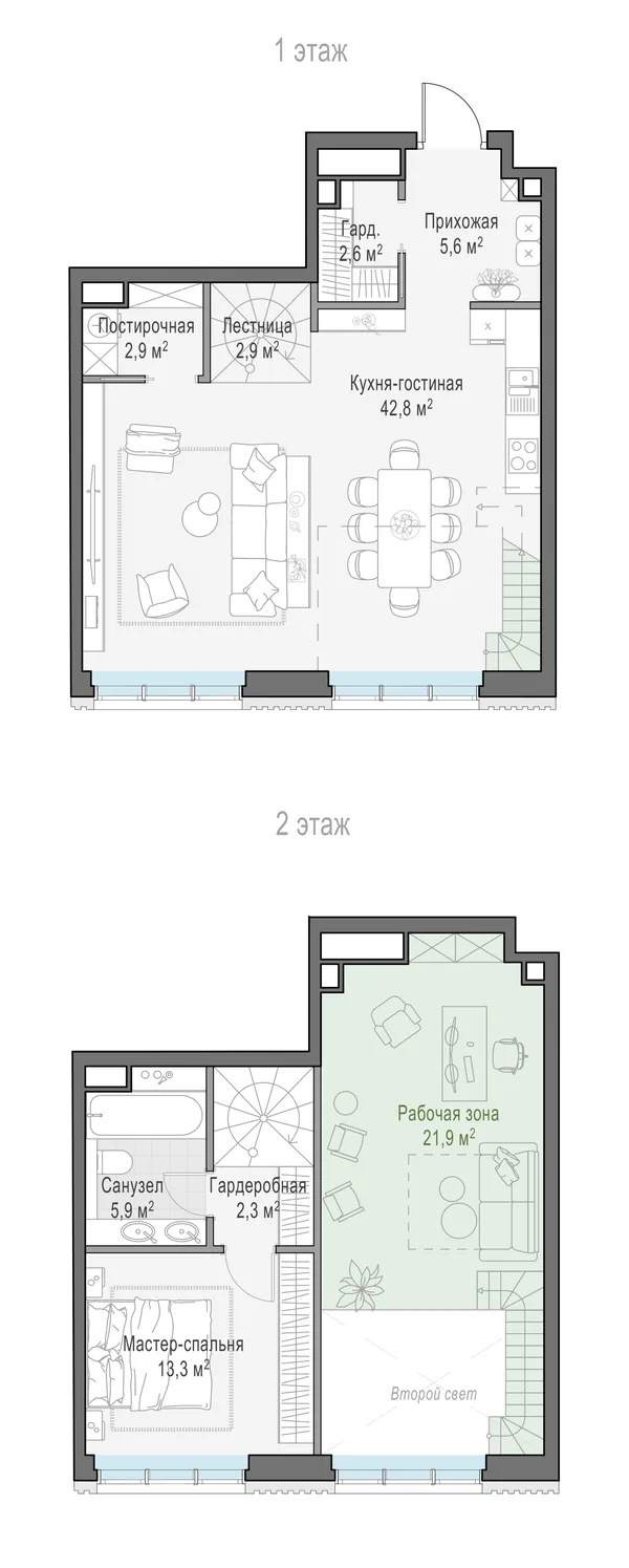 1-комнатная квартира, 55.9 м²