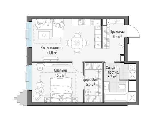 1-комнатная квартира, 56.3 м²