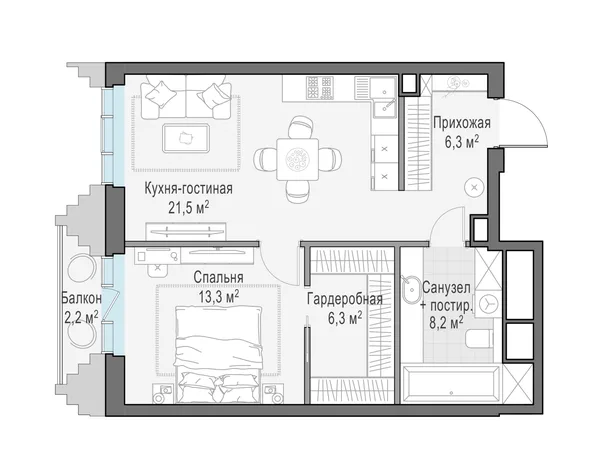 1-комнатная квартира, 56 м²