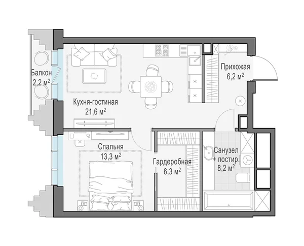 1-комнатная квартира, 56 м²