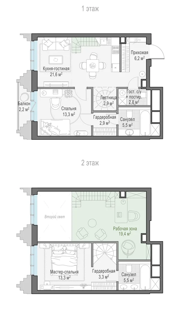 1-комнатная квартира, 55.9 м²