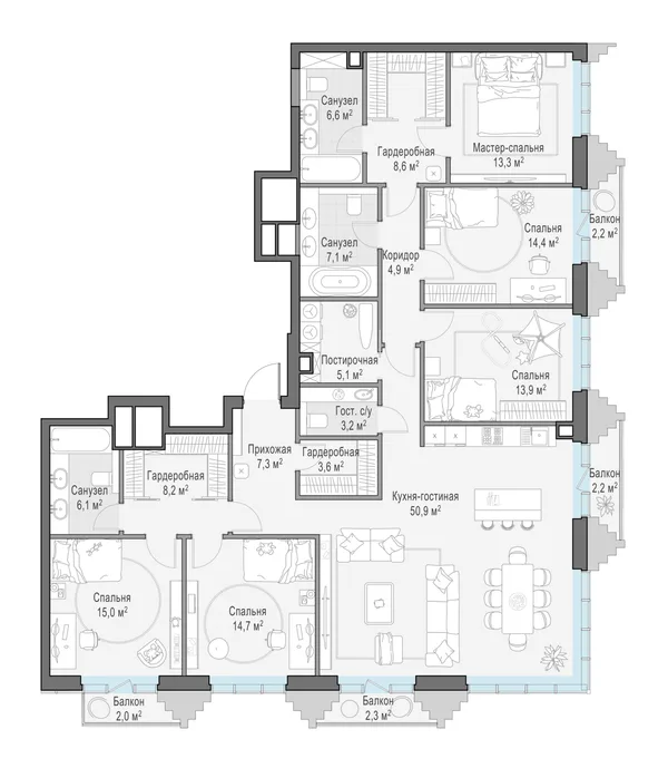 1-комнатная квартира, 186.1 м²