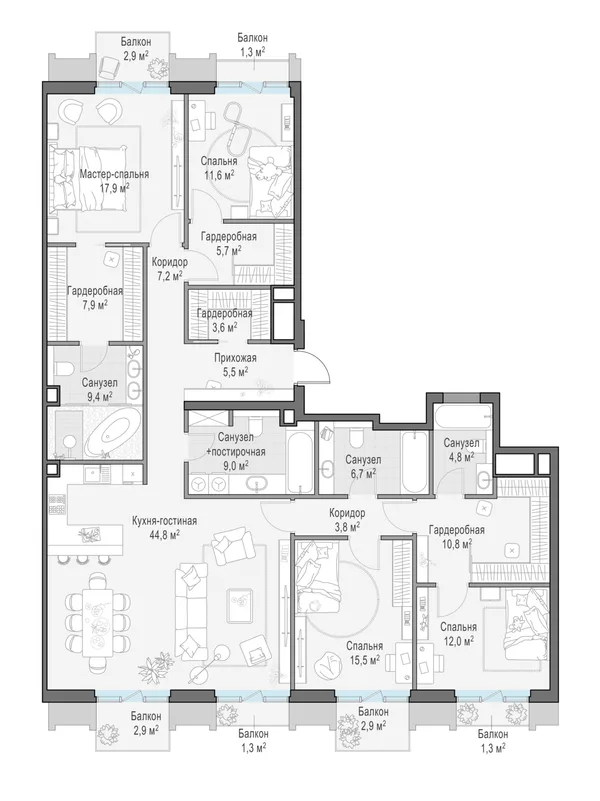 1-комнатная квартира, 181.3 м²