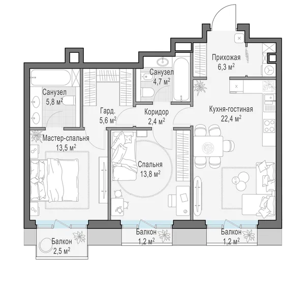 2-комнатная квартира, 76.1 м²