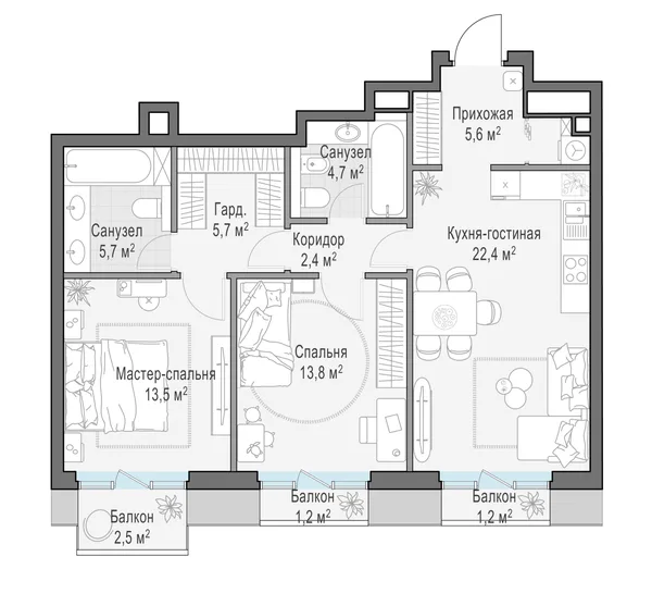 2-комнатная квартира, 75.3 м²