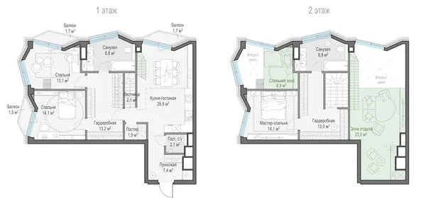 2-комнатная квартира, 91.4 м²