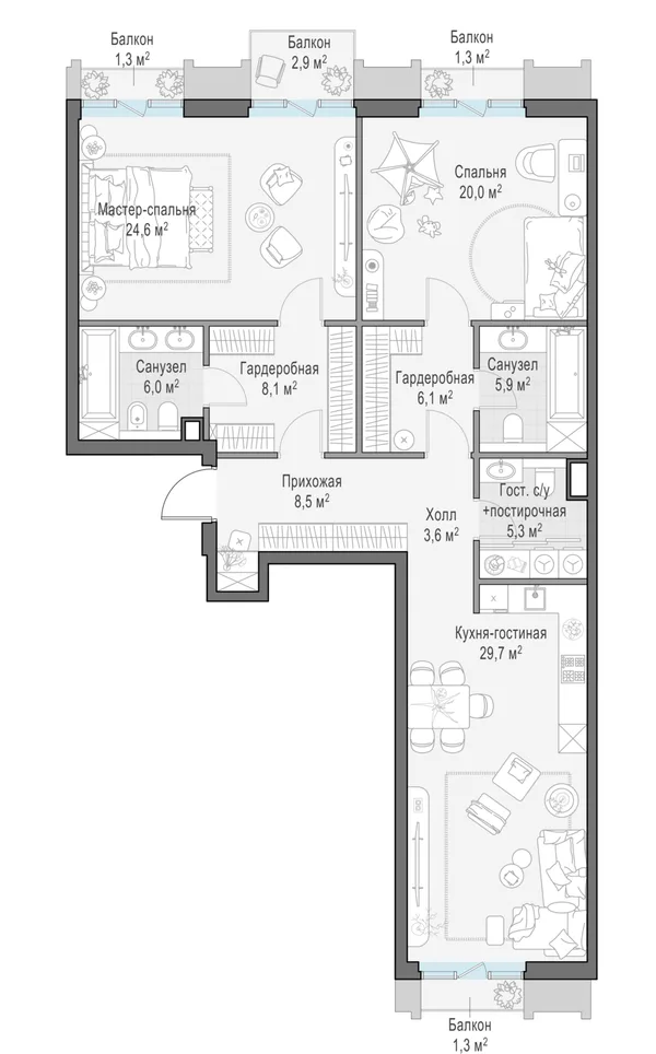 3-комнатная квартира, 121.8 м²