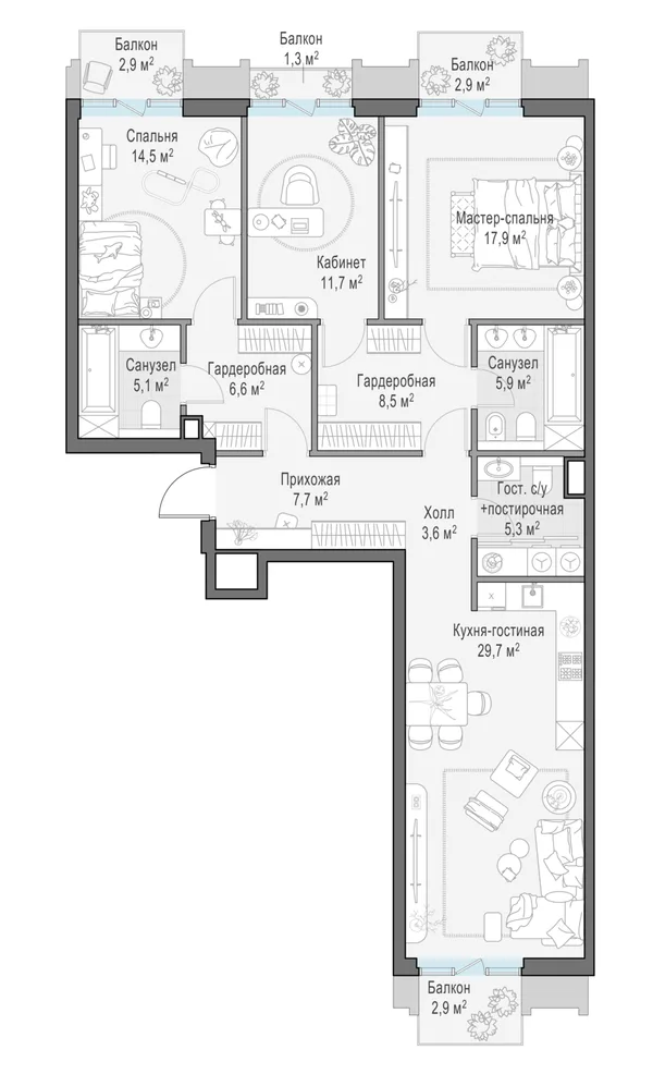 3-комнатная квартира, 122.1 м²