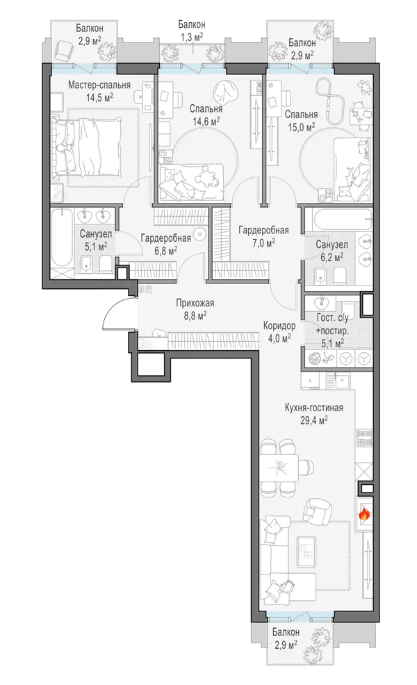 3-комнатная квартира, 121.9 м²