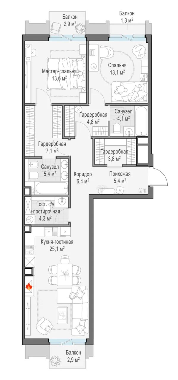 3-комнатная квартира, 96.5 м²