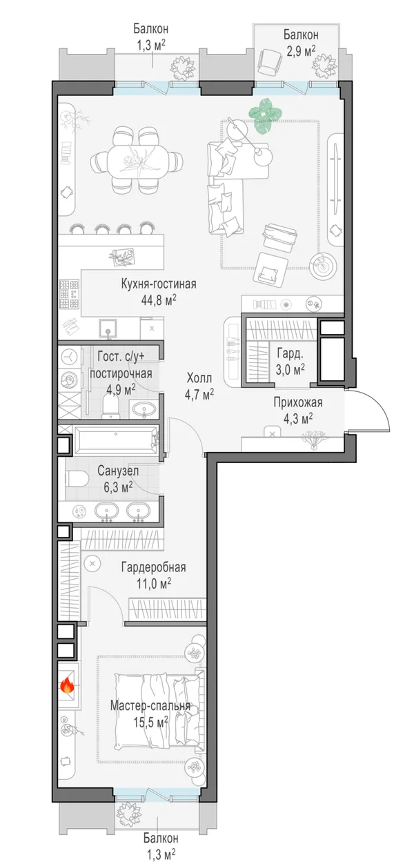 3-комнатная квартира, 95.6 м²