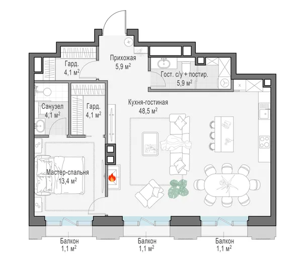 3-комнатная квартира, 85.4 м²