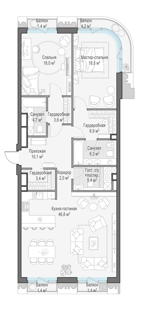 3-комнатная квартира, 126.9 м²