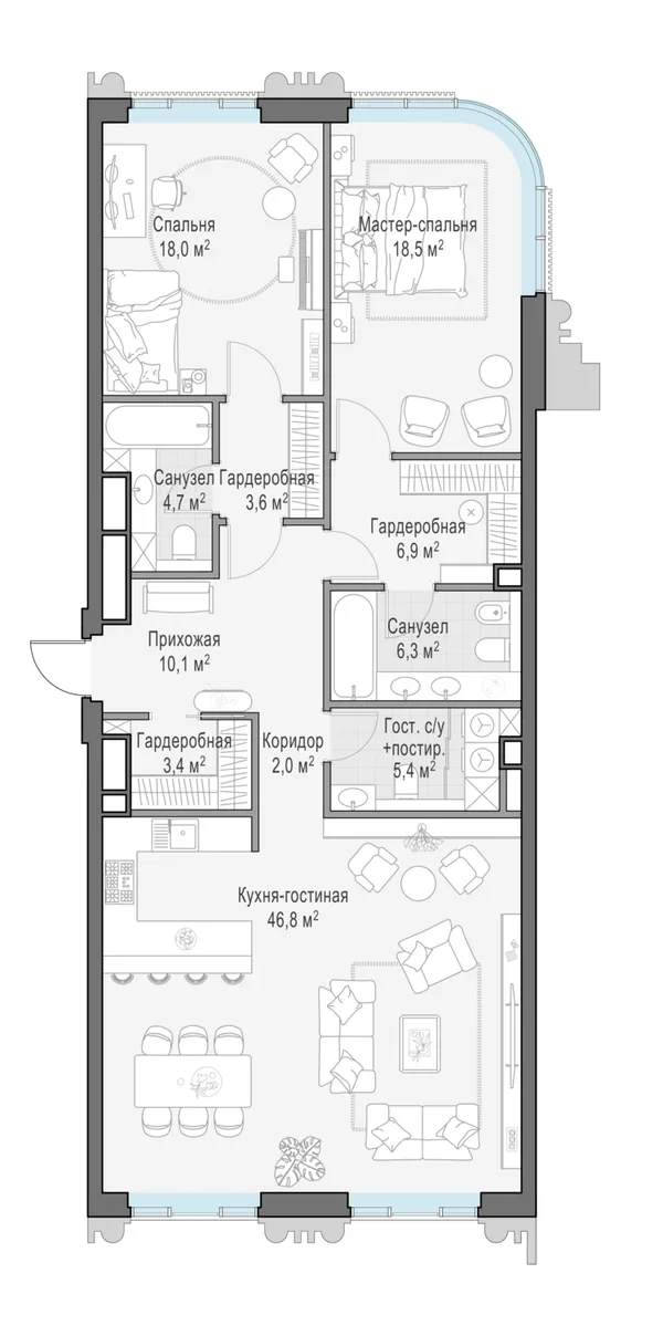 3-комнатная квартира, 124.4 м²