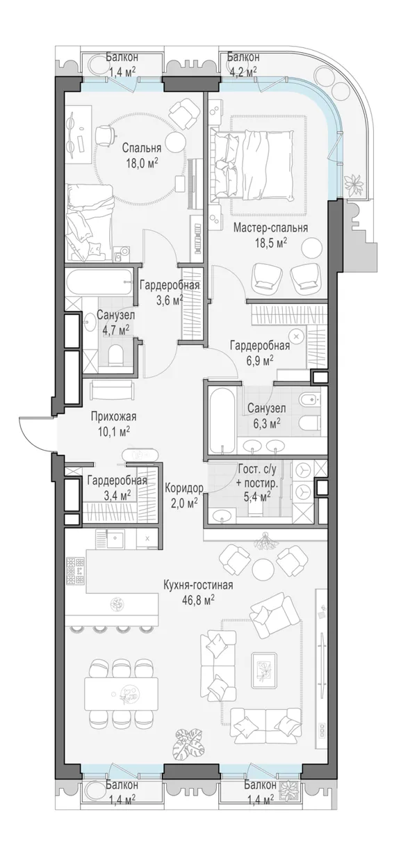 3-комнатная квартира, 126.9 м²