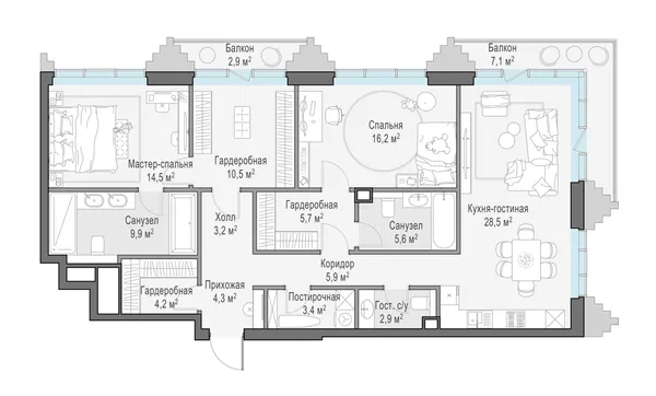 3-комнатная квартира, 117.9 м²