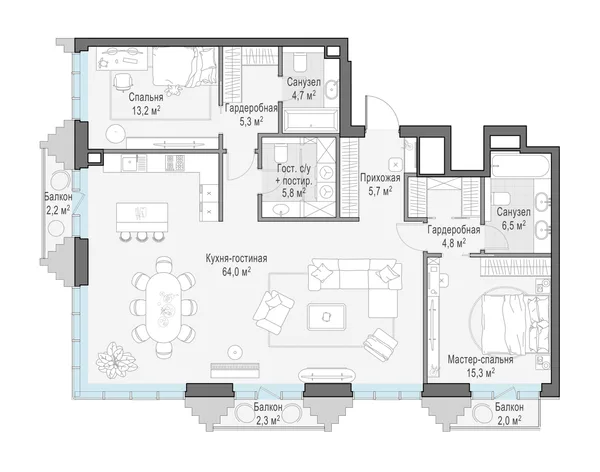 3-комнатная квартира, 126 м²