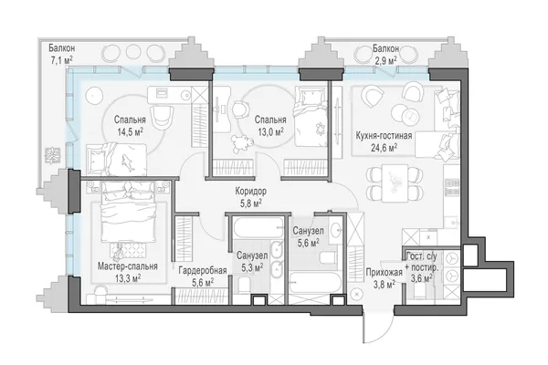 3-комнатная квартира, 98.1 м²