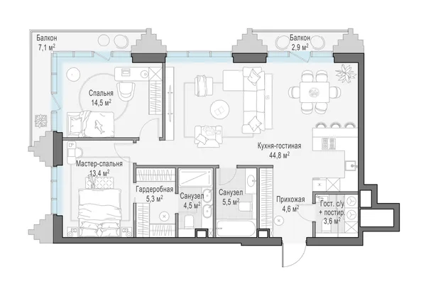 3-комнатная квартира, 98.1 м²