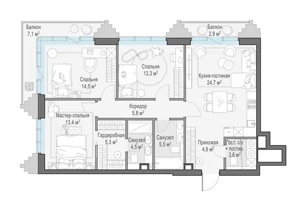 3-комнатная квартира, 98.1 м²