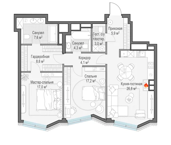 3-комнатная квартира, 94.9 м²