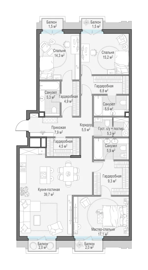 4-комнатная квартира, 151.3 м²