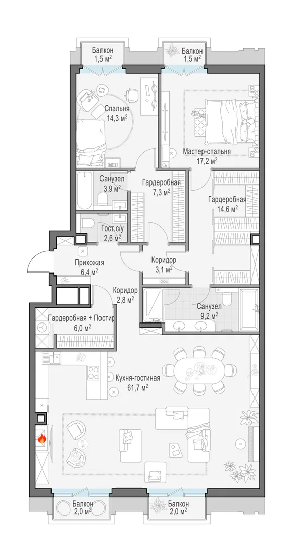 4-комнатная квартира, 151.1 м²