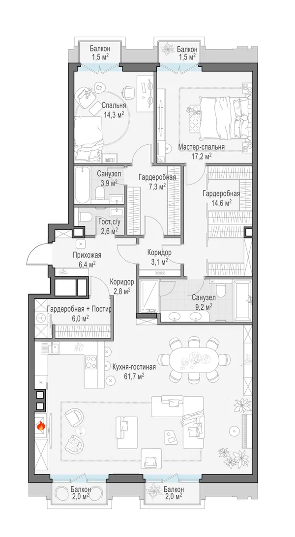 4-комнатная квартира, 150.8 м²